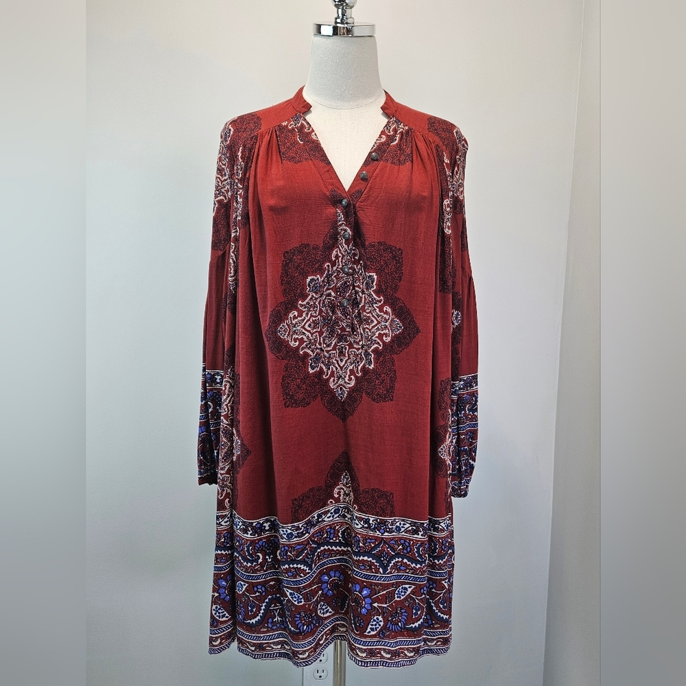 Free People Womens MIni Dress Medium Ballon Sleeve Boho Geometric‎ Tribal Print